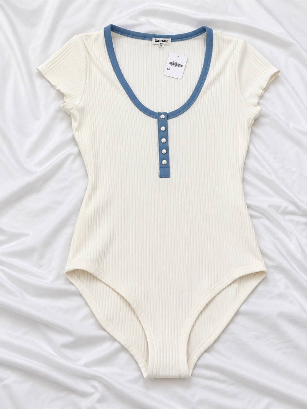 Free People Cream Ribbed Short Sleeve Bodysuit with Blue Trim